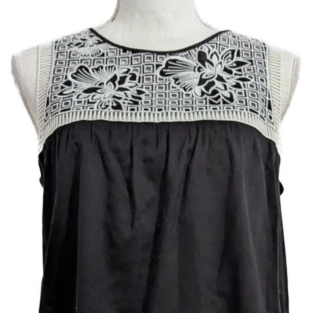 Tory Burch Hopewell Cotton Black Cotton Dress with White Lace Embroidery